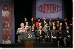 President George W. Bush talks about his energy initiatives at Hotel Du Pont in Wilmington, Del., Wednesday, Jan. 24, 2007. "American automobile companies, as well as foreign automobile companies competing for market share here in the United States, understand that's where the consumer mentality is evolving," said President Bush. "And they're beginning to spend their own money, as well as help from the federal government, to develop new batteries. It's going to be an exciting time, really, when you think about it, when you're able to drive the first 20 miles in a plug-in hybrid vehicle without one drop of gasoline, which makes the country less dependent on oil."  White House photo by Paul Morse