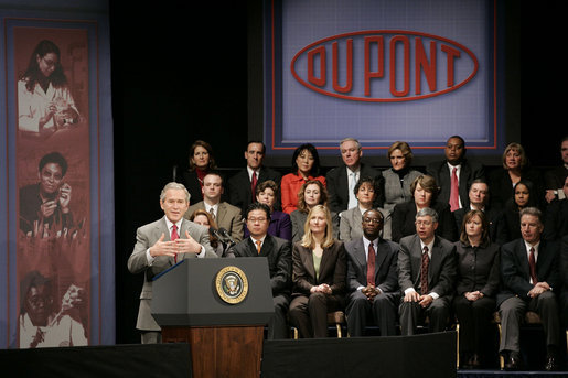 President George W. Bush talks about his energy initiatives at Hotel Du Pont in Wilmington, Del., Wednesday, Jan. 24, 2007. "American automobile companies, as well as foreign automobile companies competing for market share here in the United States, understand that's where the consumer mentality is evolving," said President Bush. "And they're beginning to spend their own money, as well as help from the federal government, to develop new batteries. It's going to be an exciting time, really, when you think about it, when you're able to drive the first 20 miles in a plug-in hybrid vehicle without one drop of gasoline, which makes the country less dependent on oil." White House photo by Paul Morse