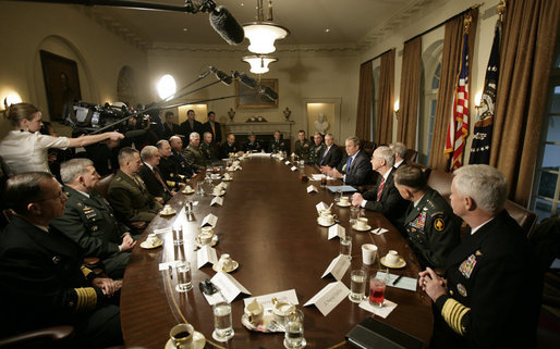 President George W. Bush addresses members of the media prior to meeting with the Joint Chiefs of Staff and Combatant Commanders in the Cabinet Room at the White House, Wednesday, Jan. 24, 2007. White House photo by Eric Draper