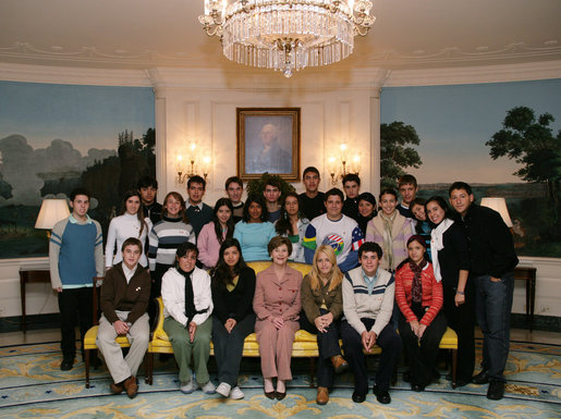 Mrs. Laura Bush poses for a photo with Youth Ambassadors representing Brazil, Chile, Argentina, Uruguay and Paraguay, Friday, Jan. 26, 2006, during their visit to the White House. The Youth Ambassadors program was initiated by the U.S. Embassy in Brazil, as part of a cultural and educational exchange for students with academic excellence and leadership abilities from Latin America to visit the United States. White House photo by Shealah Craighead