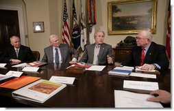 President George W. Bush addresses members of the Securing America's Future Energy organization Monday, Jan. 29, 2007, in the Roosevelt Room at the White House, discussing the efforts to reduce America's dependence on oil. From left to right are Mike Jackson, chairman and CEO of Auto Nation; Herb Kelleher, executive chairman of Southwest Airlines Company and General P.X. Kelley, USMC (Ret).  White House photo by Eric Draper