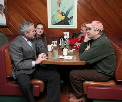 President George W. Bush visits with diner patrons, Tuesday morning, Jan. 30, 2007, following a breakfast meeting with small business leaders at The Sterling Family Restaurant in Peoria, Ill., to talk about the economy. White House photo by Paul Morse