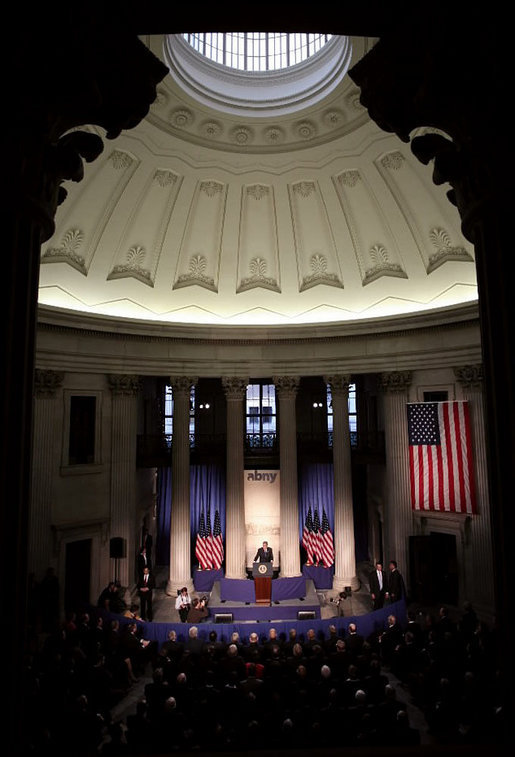 President George W. Bush delivers remarks on the economy on Wall Street in New York City Wednesday, Jan. 31, 2007. "When people across the world look at America's economy what they see is low inflation, low unemployment, and the fastest growth of any major industrialized nation," said the President. "The entrepreneurial spirit is alive and well in the United States." White House photo by Paul Morse