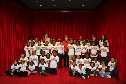 As part of the Helping America’s Youth initiative, Mrs. Laura Bush welcomed Girl Scouts and their mentors serving as positive role models offering young women guidance, encouragement and leadership development. The Scouts from local Troops 44100 and 42100 watched a screening of the movie "Charlotte's Web" at the White House Wednesday, January 31, 2007. White House photo by Shealah Craighead