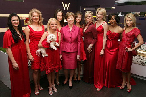 Mrs. Laura Bush joins celebrity models participating in the Red Dress Collection Celebrity Fashion Show Friday, Feb. 2, 2007, during Fashion Week in New York to raise awareness of heart disease and the importance of heart health for women. Standing with Mrs. Bush are, from left: Danica Patrick, Mary Hart, Kristin Chenoweth, Camilla Belle, Natalie Morales, Jane Krakowski, Paula Zahn, Angela Bassett and Kelly Ripa. White House photo by Shealah Craighead