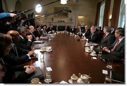 President George W. Bush talks with the media during a Cabinet meeting in the Cabinet Room Monday, Feb. 5, 2007. "I appreciate my Cabinet joining me today as we discussed our budget," said the President. "Today we submit a budget to the United States Congress that shows we can balance the budget in five years without raising taxes."  White House photo by David Bohrer