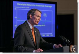 Director Rob Portman of the Office of Management and Budget presents the budget of the U.S. government for the 2008 fiscal year to the press in the Dwight D. Eisenhower Executive Office Building Monday, Feb. 5, 2007.  White House photo by Paul Morse