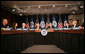 President George W. Bush joins Homeland Security Secretary Michael Chertoff, left, during a briefing Thursday, Feb. 8, 2007 at the Department of Homeland Security in Washington, D.C., on the status of DHS's priorities, especially those relating to the War on Terror. White House photo by Paul Morse