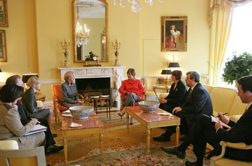 Mrs. Laura Bush hosts a tea for Alma Adamkus, the First Lady of Lithuania, in the White House residence Monday, Feb. 12, 2007. White House photo by Shealah Craighead