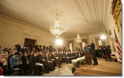 President George W. Bush delivers brief remarks before taking questions from the White House press pool Wednesday, Feb. 14, 2007, during a press conference in the East Room of the White House.  White House photo by Eric Draper