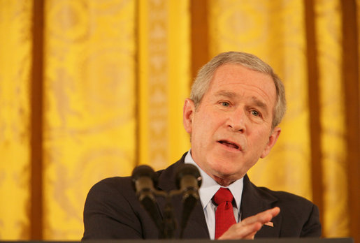 President George W. Bush emphasizes a point as he speaks to reporters Wednesday, Feb. 14, 2007, during a press conference in the East Room of the White House. The President spoke on Iraq, Iran and North Korea, as well as bipartisan opportunities, including education, energy, health care and a balanced budget. White House photo by Shealah Craighead