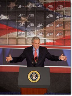 President George W. Bush addresses the American Enterprise Institute in Washington, D.C., Thursday, Feb. 15, 2007. "Our goal in Afghanistan is to help the people of that country to defeat the terrorists and establish a stable, moderate, and democratic state that respects the rights of its citizens, governs its territory effectively, and is a reliable ally in this war against extremists and terrorists," said President Bush. White House photo by David Bohrer