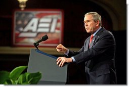 President George W. Bush discusses America's commitment in Iraq during a meeting with the American Enterprise Institute in Washington, D.C., Thursday, Feb. 15, 2007. "If we were to leave this young democracy before the job is done, there would be chaos, and out of chaos would become vacuums, and into those power vacuums would flow extremists who would be emboldened; extremists who want to find safe haven," said President Bush. White House photo by David Bohrer