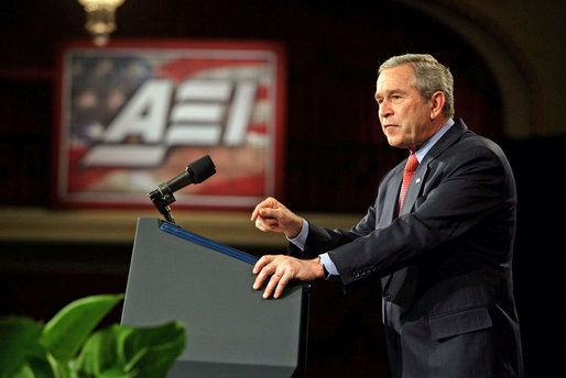 President George W. Bush discusses America's commitment in Iraq during a meeting with the American Enterprise Institute in Washington, D.C., Thursday, Feb. 15, 2007. "If we were to leave this young democracy before the job is done, there would be chaos, and out of chaos would become vacuums, and into those power vacuums would flow extremists who would be emboldened; extremists who want to find safe haven," said President Bush. White House photo by David Bohrer