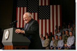 Vice President Dick Cheney smiles during remarks Wednesday, Feb. 21, 2007, to troops aboard the USS Kitty Hawk at Yokosuka Naval Base in Japan. During his address, the Vice President thanked the troops for their service and efforts in the global war on terror and said, "As I look at each of you here in the hangar bay, there is no way I could overstate how much your service means to our country."  White House photo by David Bohrer