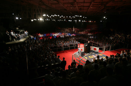 Vice President Dick Cheney delivers remarks to over 4,000 troops Wednesday, Feb. 21, 2007, aboard the aircraft carrier USS Kitty Hawk at Yokosuka Naval Base in Japan. The Kitty Hawk is the oldest active ship in the U.S. Navy and is the world's only permanently forward-deployed aircraft carrier. White House photo by David Bohrer