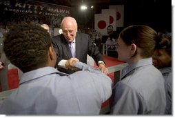 Vice President Dick Cheney greets U.S. troops Wednesday, Feb. 21, 2007, after his speech aboard the aircraft carrier USS Kitty Hawk at Yokosuka Naval Base in Japan. White House photo by David Bohrer