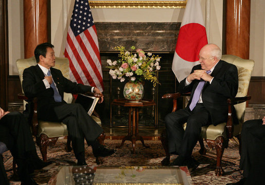 Vice President Dick Cheney meets with Japanese Foreign Minister Taro Aso Wednesday, Feb. 21, 2007, at the U.S. Embassy in Tokyo. White House photo by David Bohrer