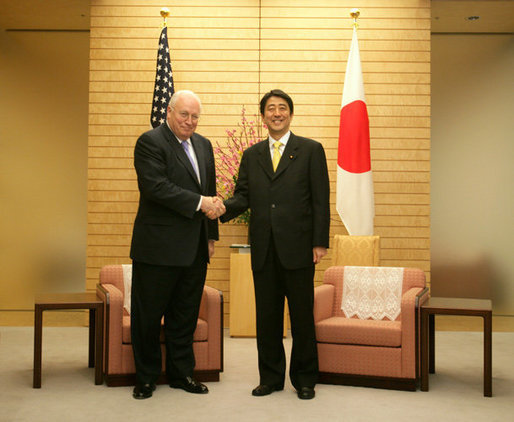 Vice President Dick Cheney stands with Prime Minister of Japan Shinzo Abe before a meeting Wednesday, Feb. 21, 2007, at the Kantei, the official residence of the Prime Minister, in Tokyo. White House photo by David Bohrer