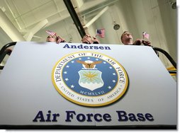 U.S. troops at Andersen Air Force Base, Guam listen from atop a hydraulic lift as Vice President Dick Cheney delivers remarks during a rally, Thursday, Feb. 22, 2007. White House photo by David Bohrer