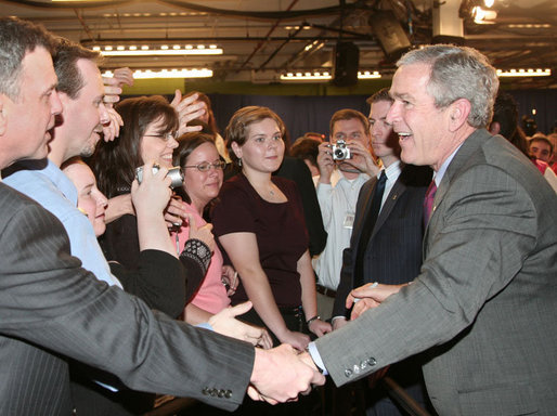 President George W. Bush shakes hands with employees and guests following his participation at an energy forum discussion and tour at Novozymes North America, Inc., Thursday, Feb. 22, 2007 in Franklinton, N.C. White House photo by Paul Morse