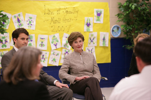 Mrs. Laura Bush participates in a discussion with school and local officials Thursday, Feb. 22, 2007 at the D’Iberville Elementary School in D’Iberville, Miss., about the continued progress of the children and the community in the aftermath of Hurricane Katrina. White House photo by Shealah Craighead