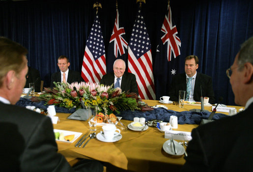 Vice President Dick Cheney is flanked by Tony Abbott, left, Australian Minister for Health and Ageing, and Robert McClelland, Shadow Minister for Foreign Affairs, during a breakfast meeting Friday, Feb. 23, 2007, at the Shangri-La Hotel in Sydney. White House photo by David Bohrer