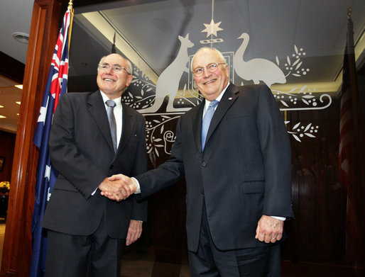 Vice President Dick Cheney and Prime Minister John Howard of Australia stand in the Prime Minister's Sydney office, Saturday, Feb. 24, 2007, before their joint press availability. White House photo by David Bohrer