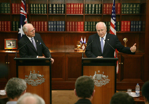 Vice President Dick Cheney answers a question Saturday, Feb. 24, 2007, during a joint press availability with Australian Prime Minister John Howard at the Prime Minister's office in Sydney. White House photo by David Bohrer