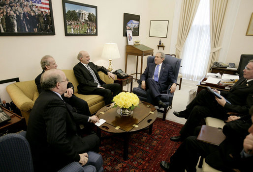 President George W. Bush speaks with members of Lebanon's "March 14" coalition during a meeting at the White House Monday afternoon, Feb. 26, 2007, from left to right, former Lebanese Parliament member Ghattas Khoury; Lebanese Minister of Telecommunications Marwan Hamadeh and Walid Jumblatt, leader of the Progressive Socialist Party of Lebanon. National Security Advisor Stephen Hadley is seen at right. White House photo by Eric Draper