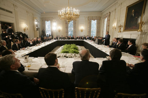 President George W. Bush speaks to the National Governors Association in the State Dining Room of the White House, Monday, Feb. 26, 2007, addressing security, economic and environmental issues. White House photo by Eric Draper