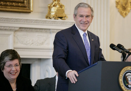 President George W. Bush addresses the National Governors Association in the State Dining Room of the White House, Monday, Feb. 26, 2007. National Governors Association chairwoman, Arizona Gov. Janet Napolitano, is seen at left. White House photo by Eric Draper