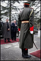 Vice President Dick Cheney stands with Afghan President Hamid Karzai, Tuesday, Feb. 27, 2007 during an arrival ceremony at the presidential palace in Kabul. The Vice President made an unannounced visit to Afghanistan to discuss regional issues and the global war on terror. White House photo by David Bohrer