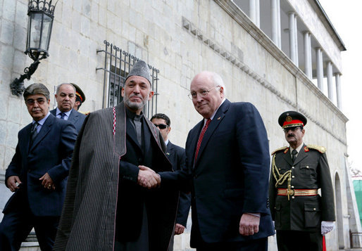 Vice President Dick Cheney shakes hands with Afghan President Hamid Karzai, Tuesday, Feb. 27, 2007 as the two leaders met at the presidential palace in Kabul to discuss regional issues. White House photo by David Bohrer