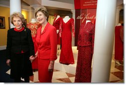 Mrs. Laura Bush and Mrs. Nancy Reagan pose for a photo during a tour of the Red Dress Exhibit at the Ronald Reagan Presidential Library and Museum Wednesday, Feb. 28, 2007, in Simi Valley, Calif. The exhibit features red dresses and suits worn by America’s First Ladies who have joined the Heart Truth campaign to raise awareness of heart disease as the #1 killer of women. White House photo by Shealah Craighead