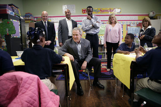 President George W. Bush meets with students at the Samuel J. Green charter school in New Orleans, Thursday, March 1, 2007, during President Bush’s visit to the Gulf Coast region to see the continued recovery progress of communities devastated by Hurricane Katrina. President Bush is joined on his visit by Louisiana Lt. Gov. Mitch Landrieu, left, New Orleans Mayor Ray Nagin, Dr. Anthony “Tony” Recasner, principal and director of the charter school, teachers Alice “Christy” Kane and Maria Cerda, right. White House photo by Eric Draper