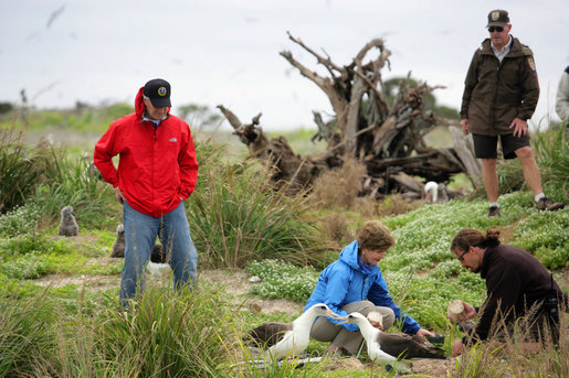 Mrs. Laura Bush works with wildlife biologist John Klavitter during a tour of Eastern Island on Midway Atoll, part of the Northwest Hawaiian Islands National Monument Thursday, March 1, 2007. Interior Secretary Dirk Kempthorne is pictured in a red jacket. White House photo by Shealah Craighead