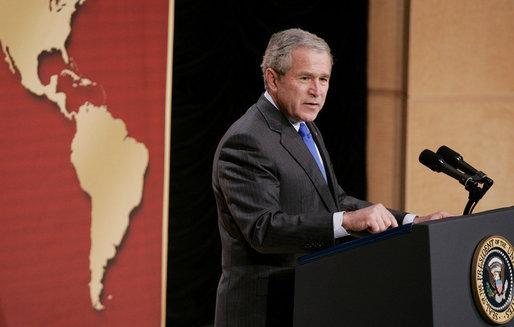 President George W. Bush addresses his remarks to United States Hispanic Chamber of Commerce, speaking on Western Hemisphere policy, Monday, March 5, 2007 in Washington, D.C. President Bush travels to Latin America later this week. White House photo by Paul Morse