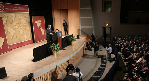 President George W. Bush addresses his remarks to United States Hispanic Chamber of Commerce, speaking on Western Hemisphere policy, Monday, March 5, 2007 in Washington, D.C. President Bush, who travels to Latin America later this week, said the two regions are linked by common values, shared interests and growing ties that have helped advance peace and prosperity on both continents. White House photo by Paul Morse