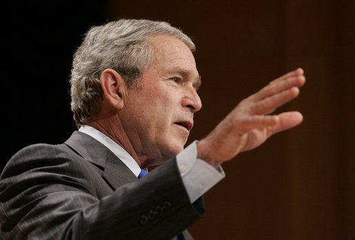 President George W. Bush gestures as he addresses his remarks to United States Hispanic Chamber of Commerce, speaking on Western Hemisphere policy, Monday, March 5, 2007 in Washington, D.C. President Bush, who travels to Latin America later this week, said the two regions are linked by common values, shared interests and growing ties that have helped advance peace and prosperity on both continents. White House photo by Paul Morse