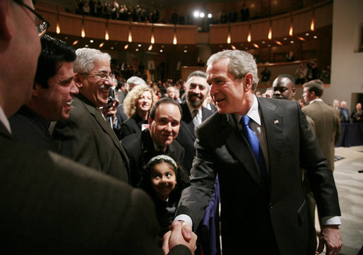 President George W. Bush shakes hands with audience members following his remarks to United States Hispanic Chamber of Commerce, speaking on Western Hemisphere policy, Monday, March 5, 2007 in Washington, D.C. White House photo by Paul Morse