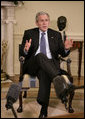 President George W. Bush speaks to members of the media during his meeting with former U.S. Sen. Bob Dole and former U.S. Health and Human Services Secretary Donna Shalala in the Oval Office, Wednesday, March 7, 2007. Dole and Shalala will co-chair the President’s Commission on Care for America’s Returning Wounded Warriors, a bipartisan panel that will investigate problems at the nation's military and veterans hospitals. White House photo by Eric Draper