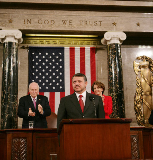 Vice President Dick Cheney and House Speaker Nancy Pelosi applaud King Abdullah II of Jordan during his address to a Joint Meeting of Congress, Tuesday, March 7, 2007 at the U.S. Capitol. White House photo by David Bohrer