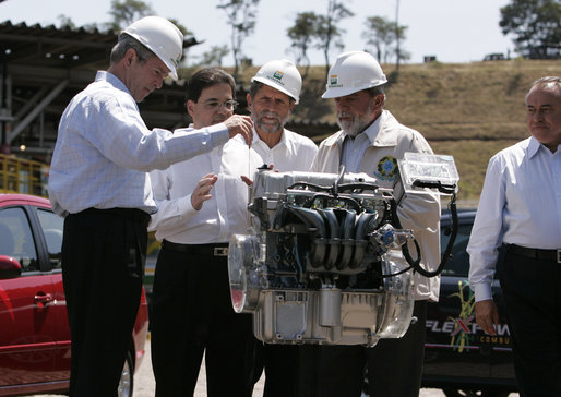 President George W. Bush and President Luiz Inacio Lula da Silva participate in a demonstration Friday, March 9, 2007, at the Petrobras Transporte S.A. Facility in Sao Paulo. With them is Sergio Gabrielle, chief executive officer of Petrobras. "One of the things I like, as the President (Luiz Inacio Lula da Silva) noted, is that a good ethanol policy and good alternative fuel policy actually leads to more jobs, not less," said President Bush during his remarks at the fuel facility. White House photo by Paul Morse