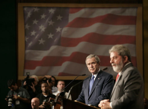 President George W. Bush listens intently to remarks by President Luiz Inacio Lula da Silva of Brazil during a joint press availability Friday, March 9, 2007, in Sao Paulo. White House photo by Eric Draper