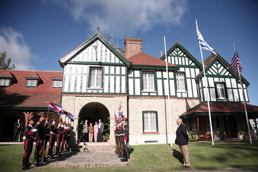 President George W. Bush and Mrs. Laura Bush are welcomed Saturday, March 10, 2007, to the Main House of Estancia Anchorena by President Tabare Vazquez of Uruguay and Mrs. Maria Auxiliadora Delgado de Vazquez. The President and Mrs. Bush are in Uruguay on a a two-day visit before continuing on to Colombia. White House photo by Paul Morse