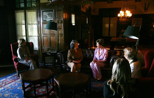 Mrs. Laura Bush and Mrs. Maria Auxiliadora Delgado de Vazquez spend a few moments in the Main House of Estancia Anchoreno, during a visit Saturday, March 10, 2007. At left is Uruguayan Vice Minister Maria Bernabella Herrera Sanguinetti. White House photo by Shealah Craighead