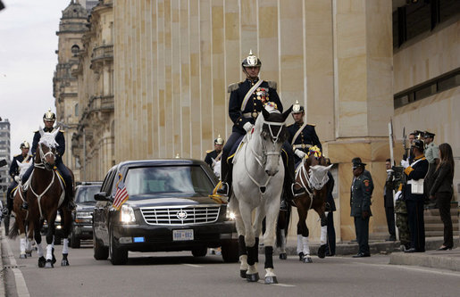 President George W. Bush and Mrs. Laura Bush arrive at Casa de Narino Bogotá, Colombia, Sunday, March 11, 2007. White House photo by Paul Morse