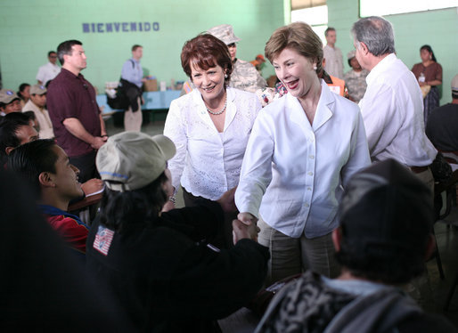 Mrs. Laura Bush and Mrs. Wendy Widmann de Berger, wife of President Oscar Berger of Guatemala, greet villagers Monday, March 12, 2007, at the Carlos Emilio Leonardo School in the Guatemalan village of Santa Cruz Balanya. White House photo by Paul Morse