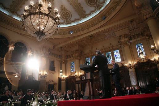 President George W. Bush and President Oscar Berger deliver remarks Monday, March 12, 2007, during a joint press availability at the Palacio Nacional de la Cultura in Guatemala City. President Bush and Mrs. Laura Bush concluded their fourth leg of a five-country, Latin American visit before departing Guatemala for Mexico. White House photo by Paul Morse